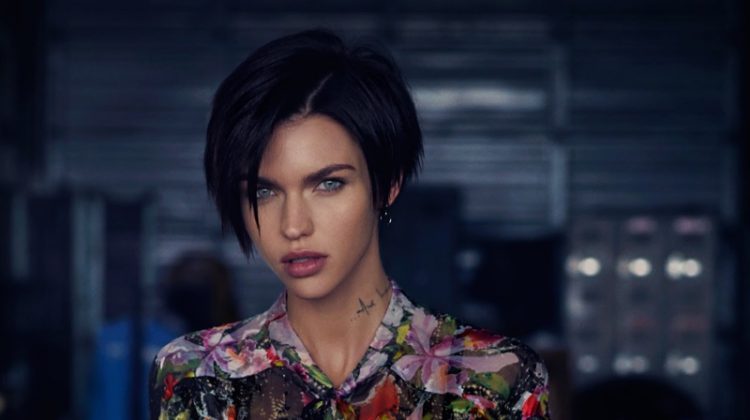Ruby Rose poses in Preen by Thornton Bregazzi floral print blouse and skirt