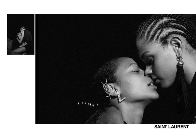 Selena Forrest and Hiandra Martinez share a kiss in Saint Laurent's spring-summer 2017 campaign