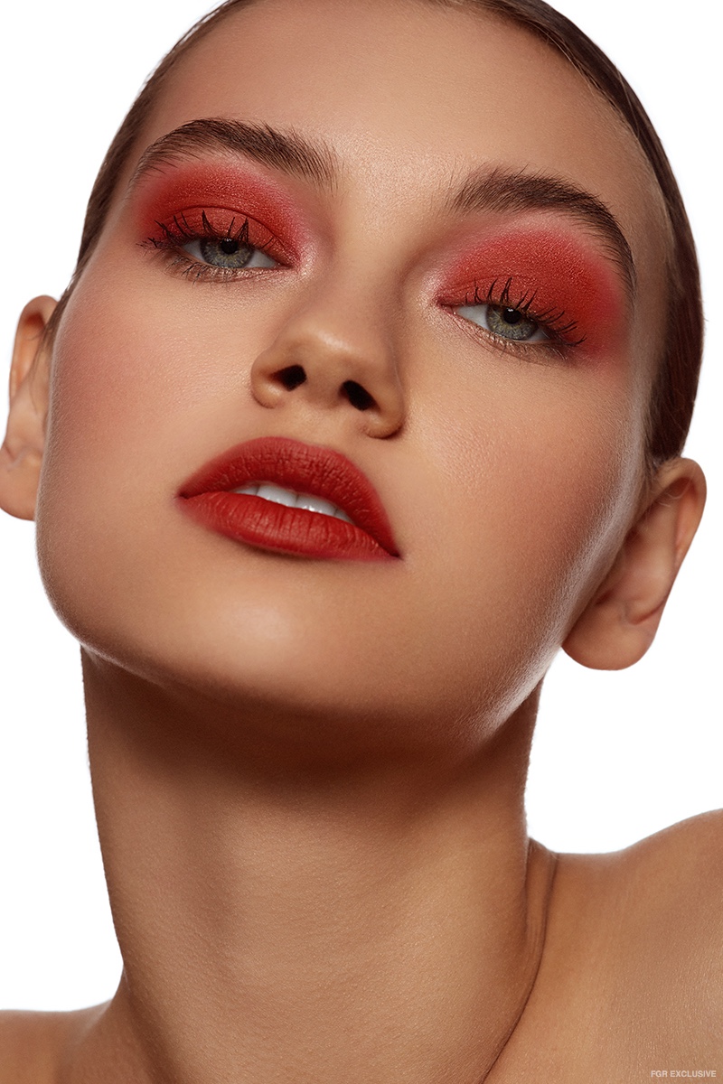 Sophia Tatum wears bold red eyeshadow and lipstick shade. Photo: Beth Sternbaum