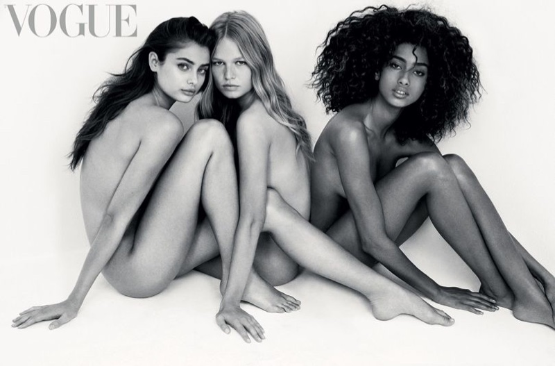 Taylor Hill, Anna Ewers and Imaan Hammam pose naked in black and white photograph