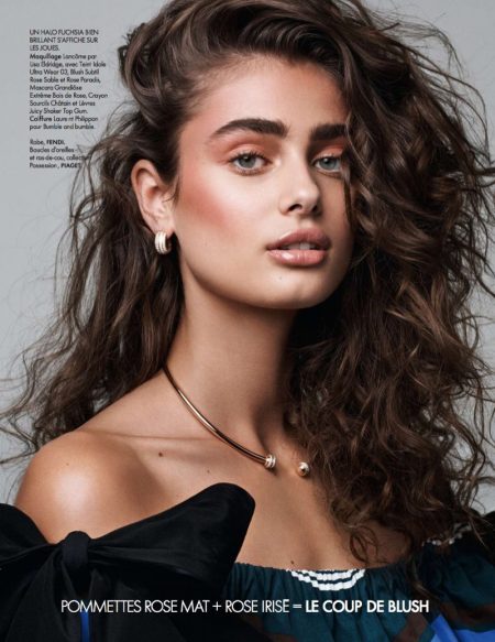 Taylor Hill Poses in 1980's Inspired Style for ELLE France Getting her closeup, Taylor Hill wears Fendi dress with Piaget necklace and earrings