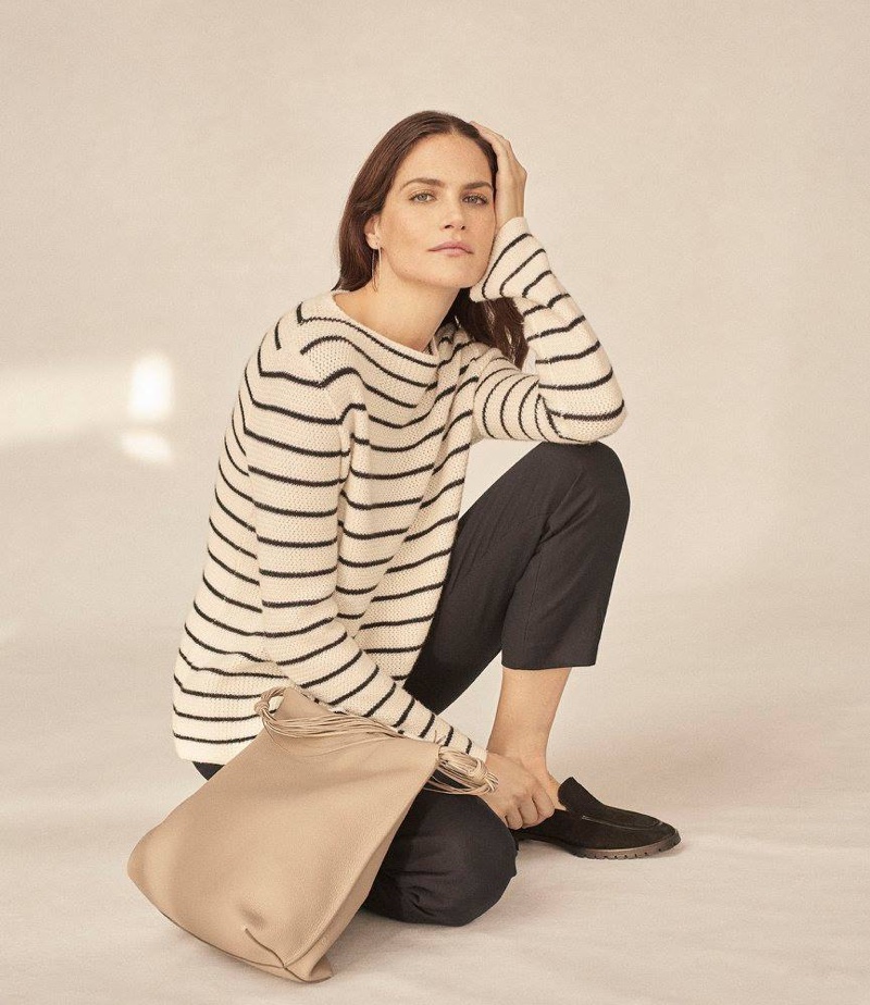The Row Stretton Striped Cashmere-Silk Sweater, Blake Crop Pants and Cory Suede & Mink Loafers. Sidney Garber Perfect Round Large Hoop Earrings.
