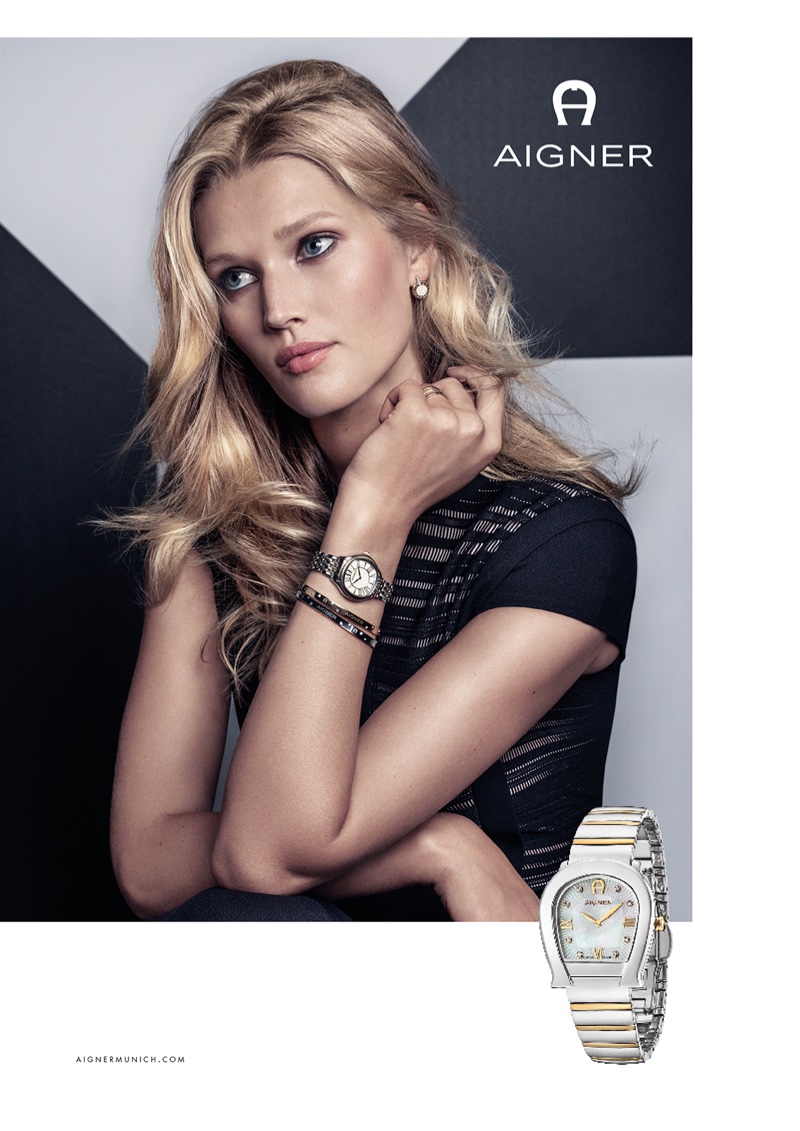 Toni Garrn wears watch and jewelry in Aigner’s spring 2017 campaign