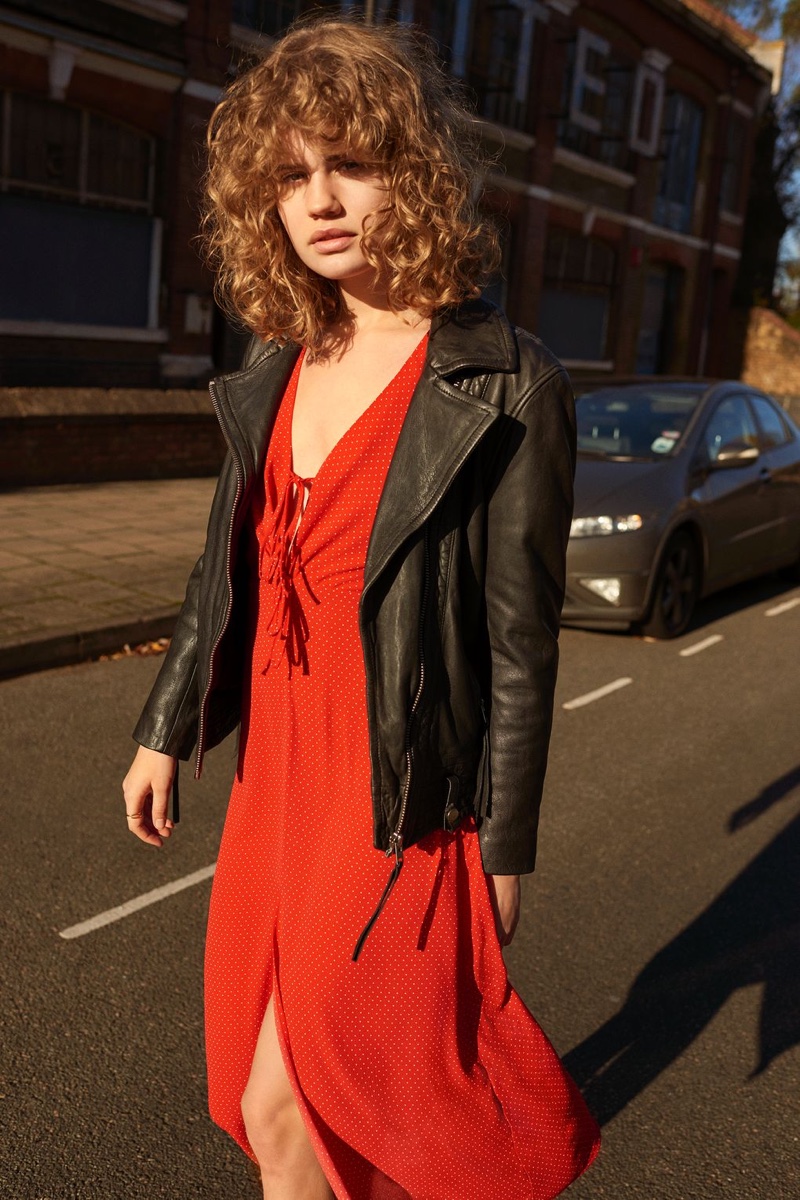 Topshop Leather Biker Jacket and Red Spot Midi Tea Dress