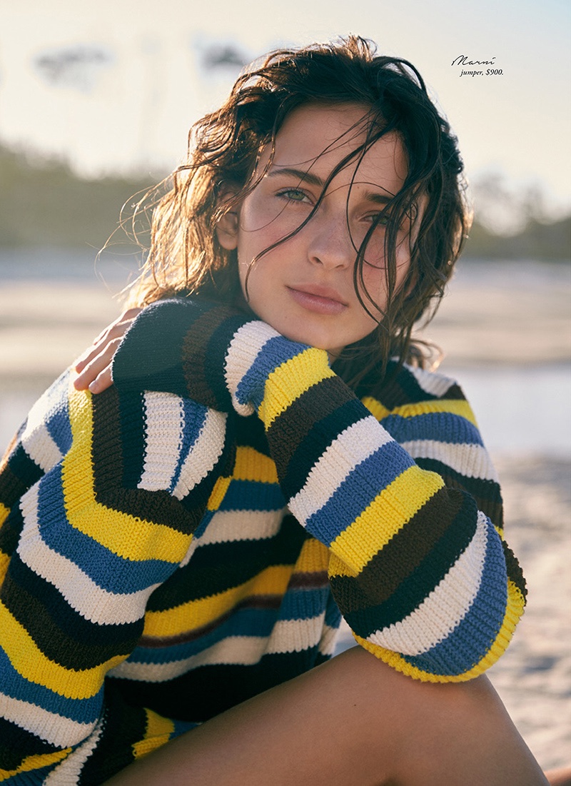 Looking sun-drenched, Waleska Gorczevski poses in Marni striped sweater