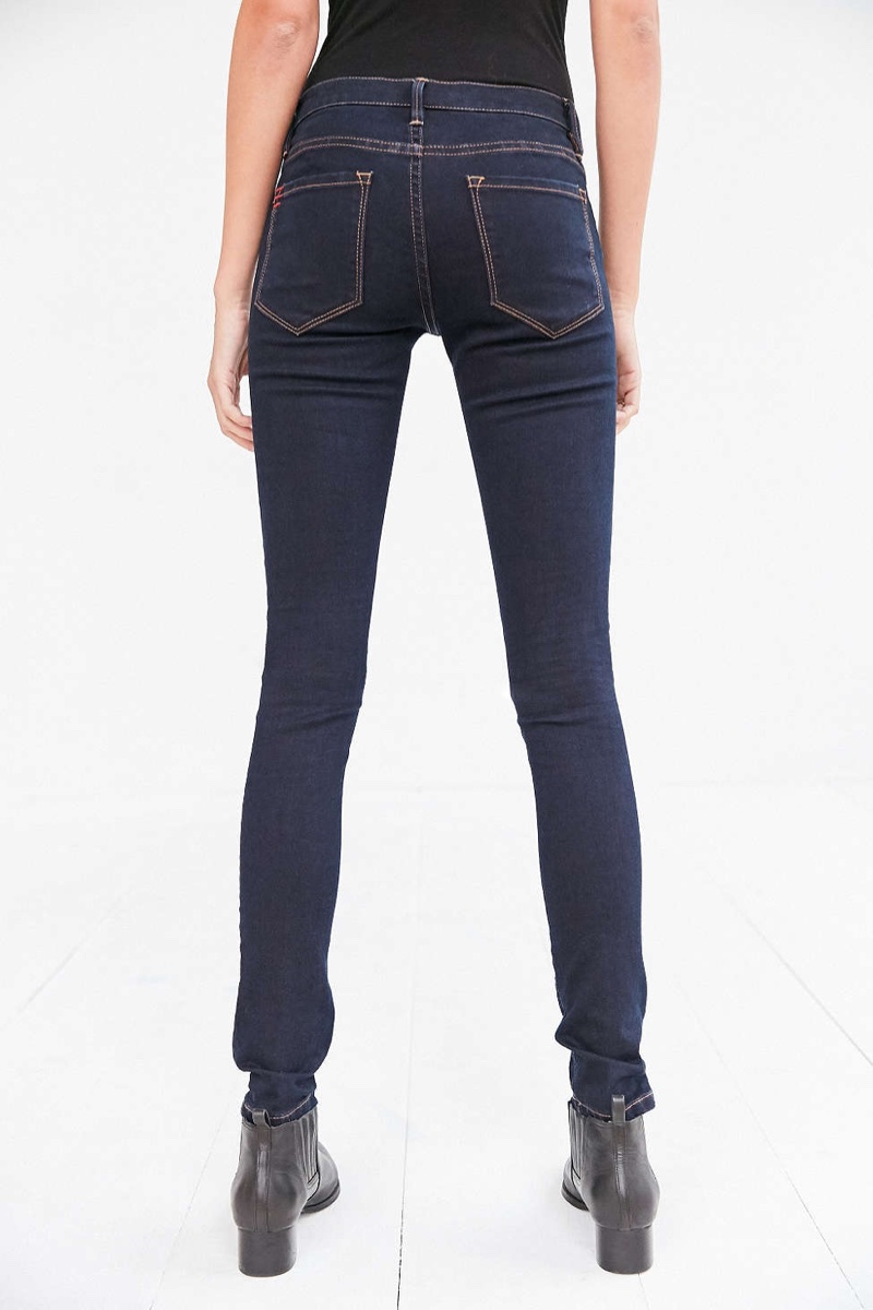 The Twig Mid-Rise Skinny Jean comes in a dark blue wash