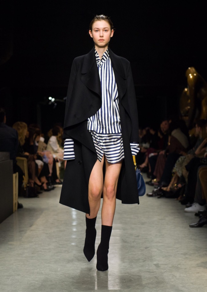 Striped shirtdress worn underneath long draped coat from Burberry’s spring-summer 2017 collection