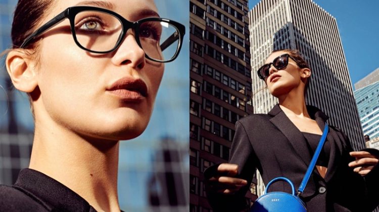 Wearing sleek optical frames, Bella Hadid appears in DKNY’s spring 2017 campaign