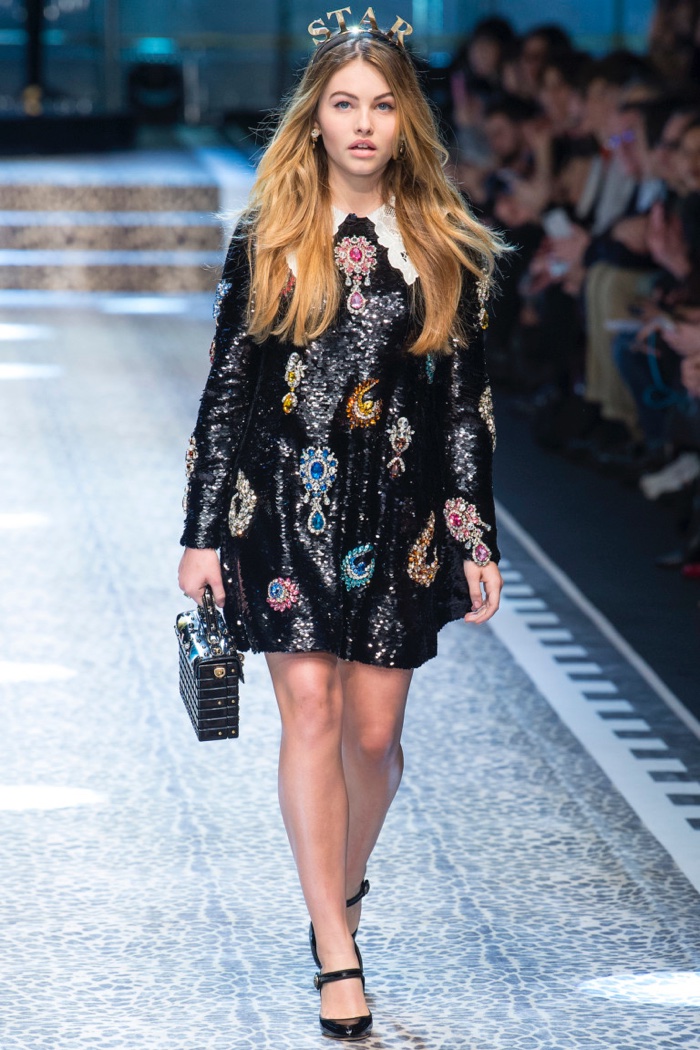Thylane Blondeau wears sequin embellished dress with brooch details from Dolce & Gabbana’s fall-winter 2017 collection
