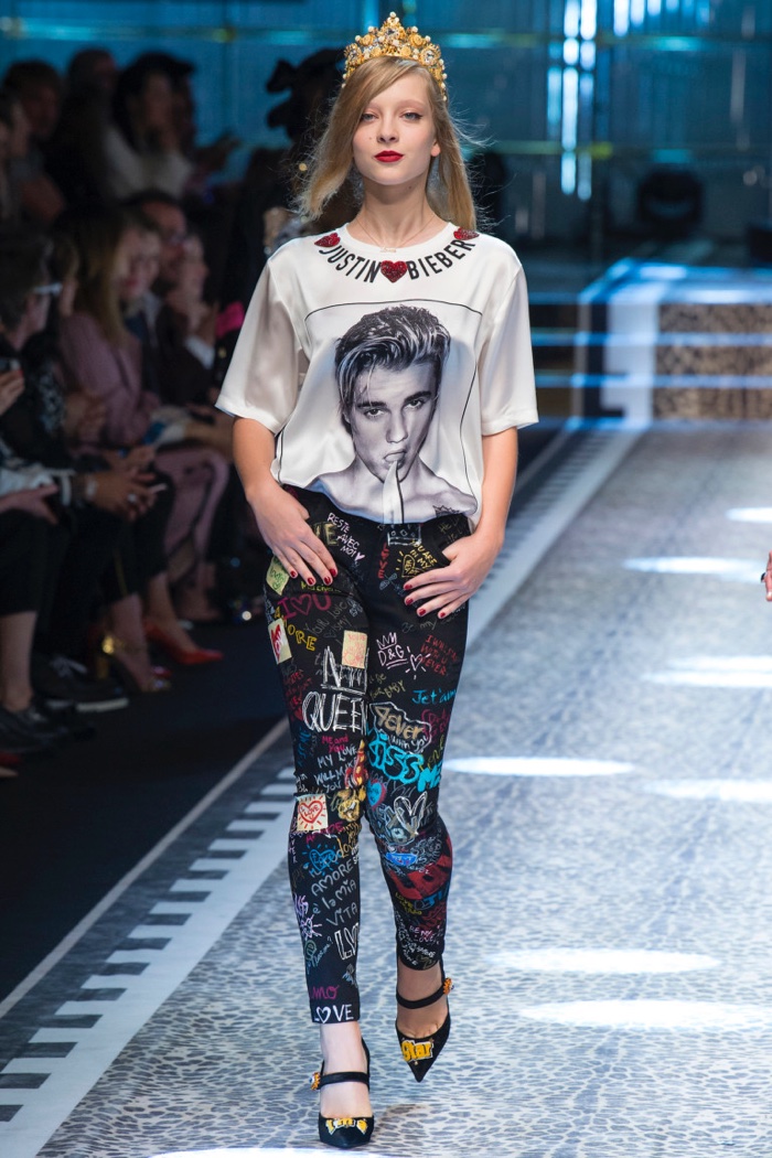 Justin Bieber t-shirt and graphic print pants from Dolce & Gabbana’s fall-winter 2017 collection
