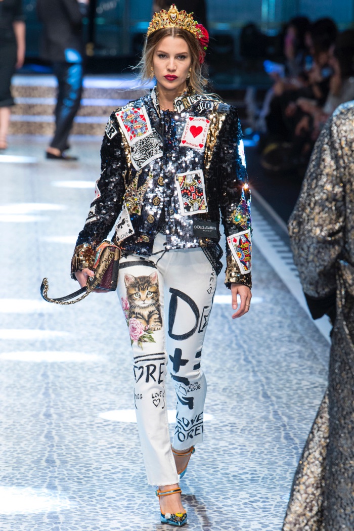 Paillette embellished jacket and graphic print jeans from Dolce & Gabbana’s fall-winter 2017 collection