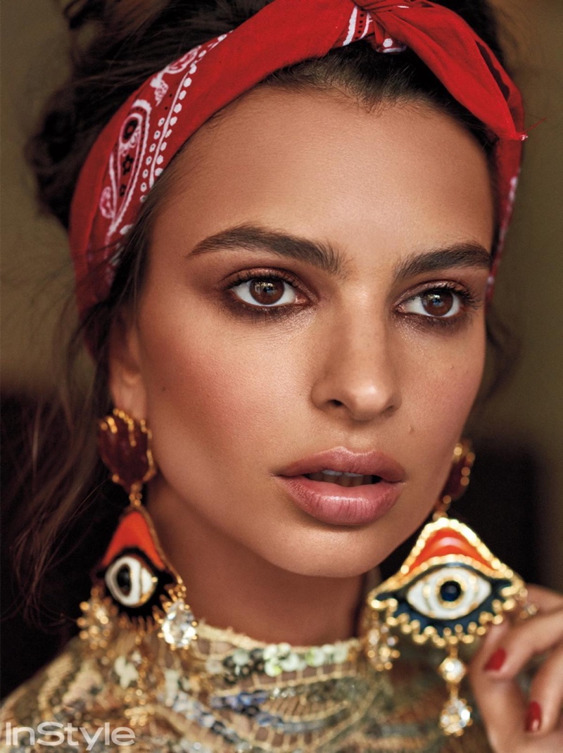 Getting her closeup, Emily Ratajkowski poses in Marc Jacobs sequined minidress with DSquared2 brass earrings