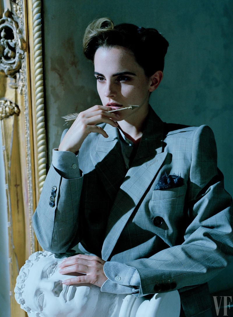 Emma Watson poses in Balenciaga jacket with Anderson & Sheppard shirt and pocket-square