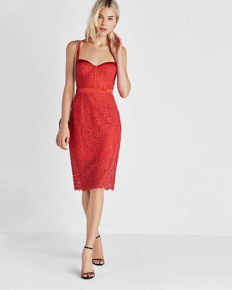 Express offers up a form-fitting lace dress in red