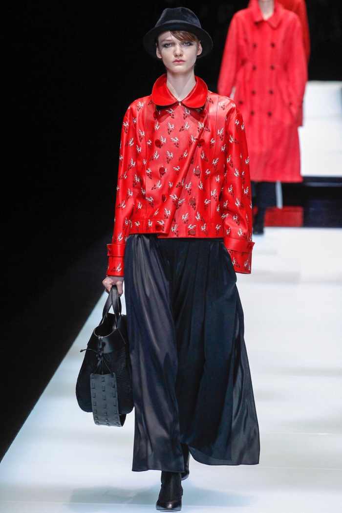 Red leather jacket over maxi skirt from Giorgio Armani’s fall-winter 2017 collection