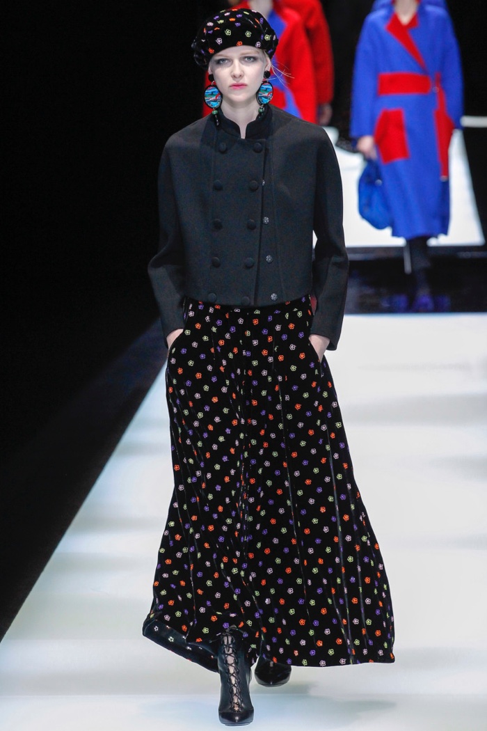 Beret, cropped jacket and maxi skirt from Giorgio Armani’s fall-winter 2017 collection