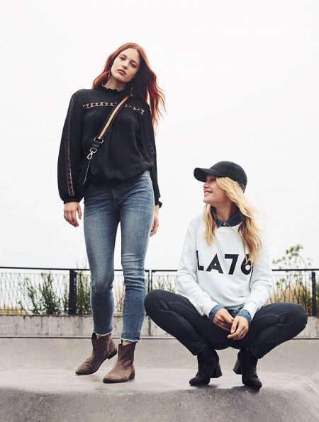 5 Laid-Back Styles from H&M (Left) H&M Crinkled Blouse, Slim Regular Ankle Jeans, Shoulder Bag with Suede Detail and Suede Boots (Right) H&M Cap, Sweatshirt with Printed Design, Denim Shirt (worn underneath) and Slim-fit Pants