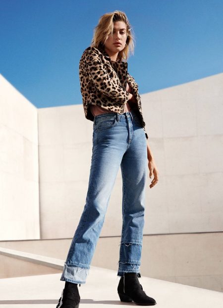 Hailey Baldwin is the Queen of Cool in H&M's Denim Days Campaign H&M Short Biker Jacket, Ribbed Top, Straight High Cropped Jeans and Ankle Boots