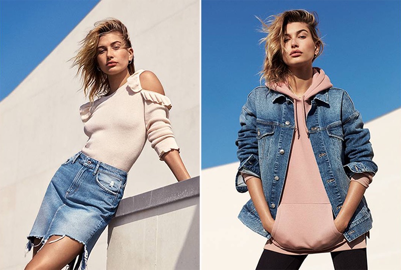 (Left) H&M Knit Open-Shoulder Sweater and Denim Skirt (Right) H&M Denim Jacket, Hooded Top with Side Slits and Jersey Leggings