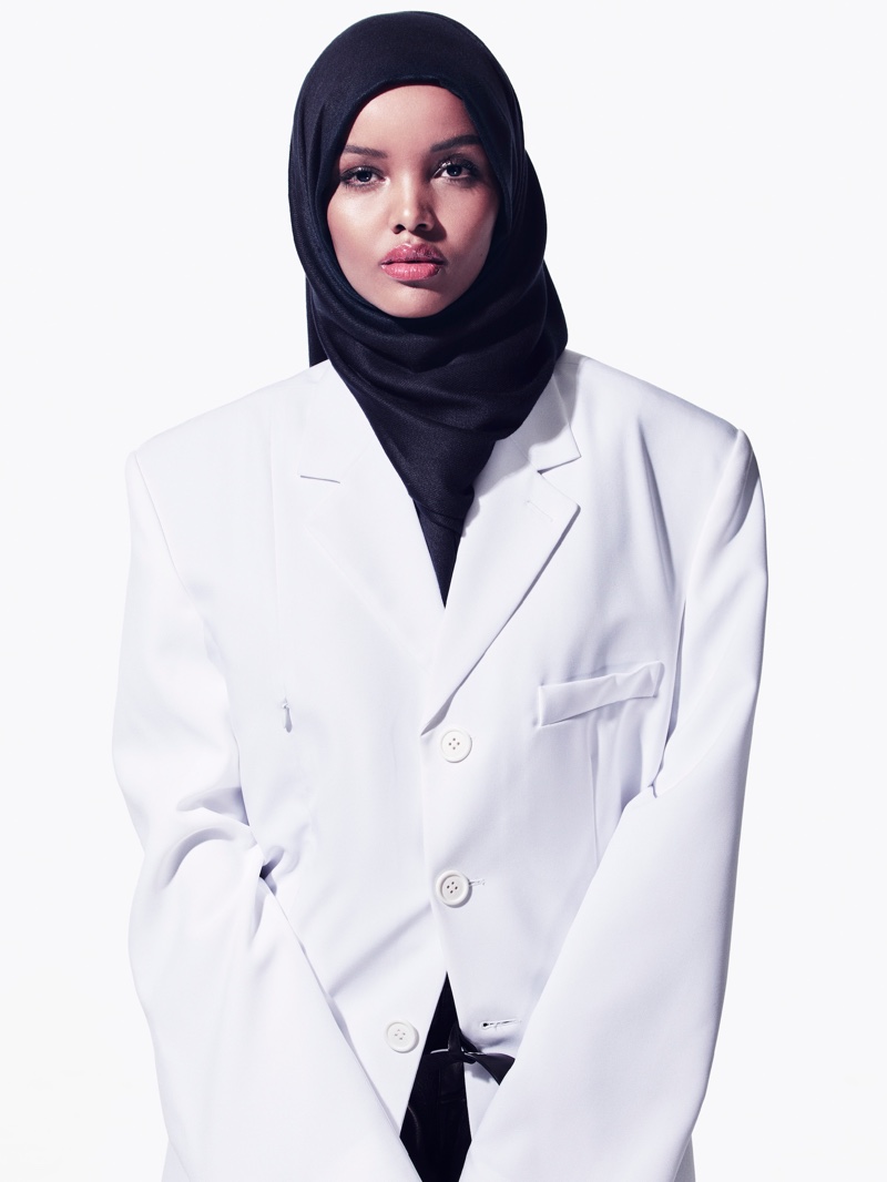 Halima Aden poses in Céline clothing