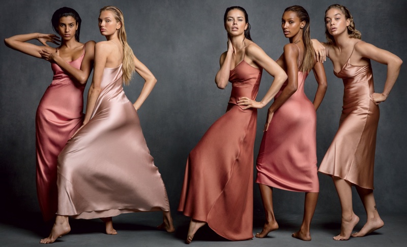 Imaan Hammam, Romee Strijd, Adriana Lima, Jasmine Tookes and Jasmine Sanders look pretty in pink slip dresses