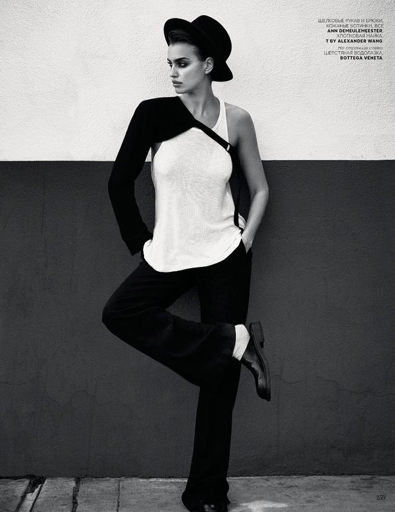 Irina Shayk poses in Ann Demeulemeester sleeve and pants with T By Alexander Wang tank