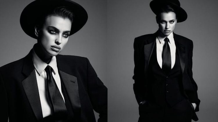 Suiting up, Irina Shayk looks sharp in a four-picture collage