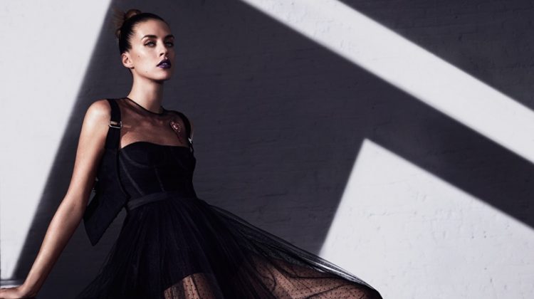 Model Julia Frauche wears Dior silk tulle dress and cotton top