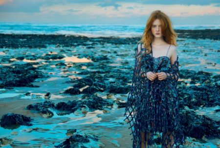 Madison Stubbington Poses in Dreamy Dresses By the Sea for BAZAAR UK The model wears embroidered silk and leather dress with silk and mesh cape from Giorgio Armani
