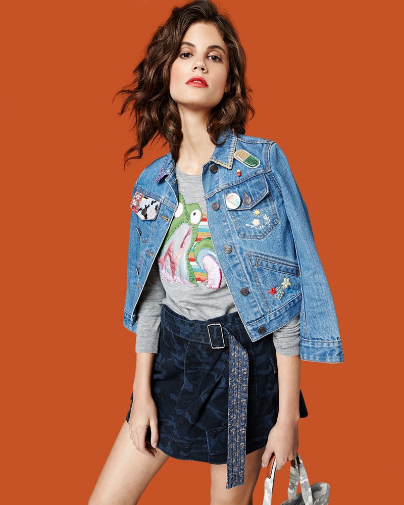 Marc Jacobs Shrunken Denim Jacket with Patches, Lightweight Merino Wool Frog Sweater and Belted Cargo-Pocket Mini Skirt