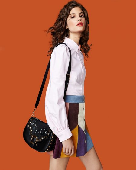 6 Cool Looks from Marc Jacobs' Spring 2017 Collection Marc Jacobs Bishop-Sleeve Cotton Blouse, Patchwork Suede A-Line Skirt and Navigator Floral Studded Flap Shoulder Bag