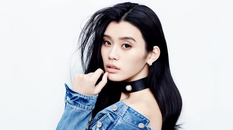 Ming Xi models embroidered denim jacket and jeans