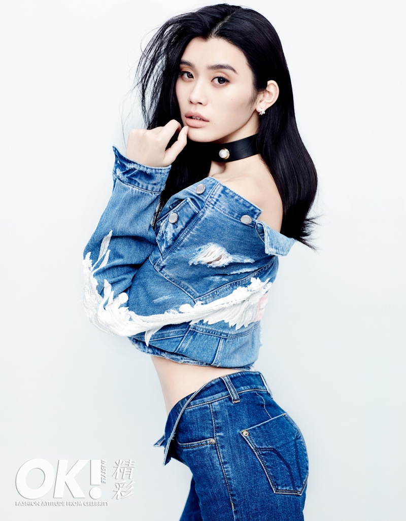 Ming Xi models embroidered denim jacket and jeans