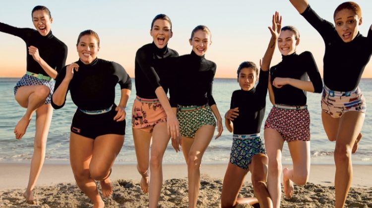 Liu Wen, Ashley Graham, Kendall Jenner, Gigi Hadid, Imaan Hammam, Adwoa Aboah and Vittoria Ceretti wear Prada turtlenecks and shorts. Liu wears Miu Miu shorts.