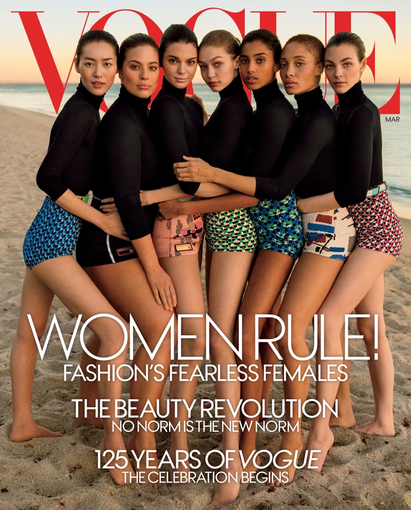 Liu Wen, Ashley Graham, Kendall Jenner, Gigi Hadid, Imaan Hammam, Adwoa Aboah and Vittoria Ceretti on Vogue Magazine March 2017 Cover