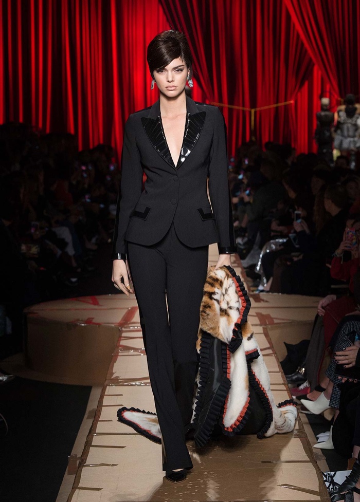 Kendall Jenner wears black pantsuit from Moschino’s fall-winter 2017 collection