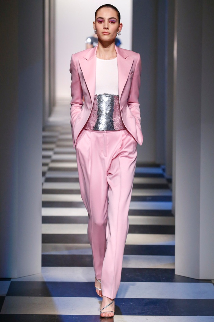 A pink pantsuit with sequin embellished top from Oscar de la Renta’s fall-winter 2017 collection
