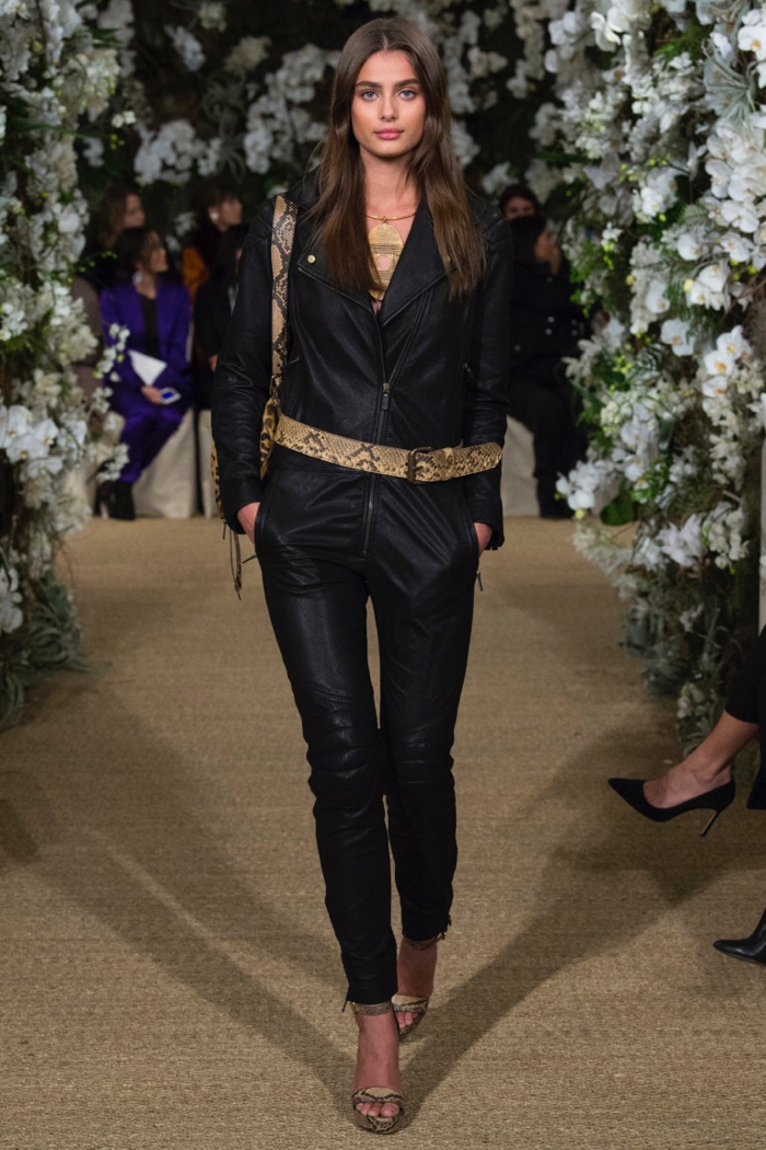 Taylor Hill wears moto jacket jumpsuit from Ralph Lauren’s spring-summer 2017 collection