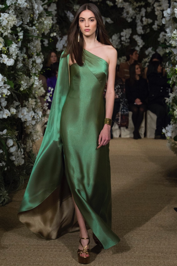 One sleeve green gown with draping from Ralph Lauren’s spring-summer 2017 collection