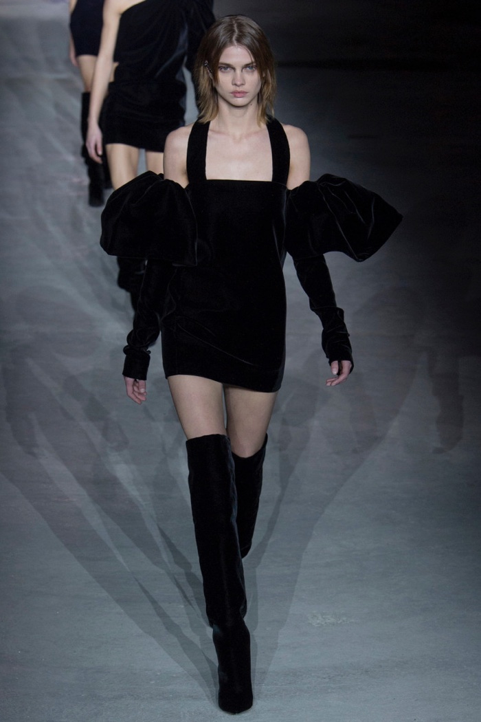 Black off-the-shoulder velvet minidress from Saint Laurent’s fall-winter 2017 collection