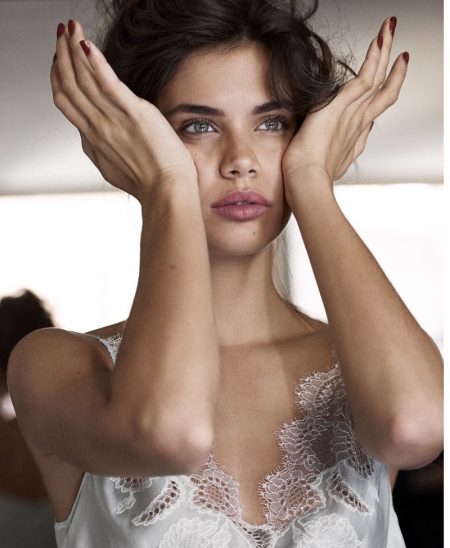Sara Sampaio Shows Off a Glam Beauty Routine for Cosmopolitan Looking refreshed, Sara Sampaio poses in a lace-trimmed top