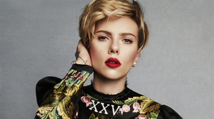 Scarlett Johansson poses in cropped top and embroidered skirt from Gucci