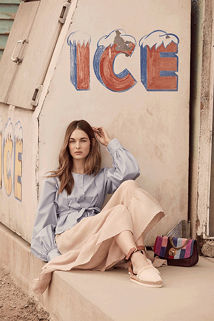 See by Chloe Embellished Poplin Blouse, Ruffle Culotte Shorts, Patchwork Lois Shoulder Bag and Glyn Espadrille Wedge Sandals