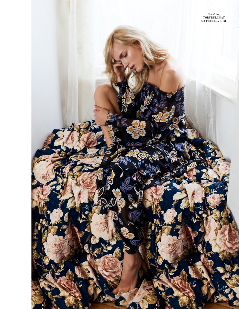 Laura Jaraminaite models Tory Burch floral print silk dress