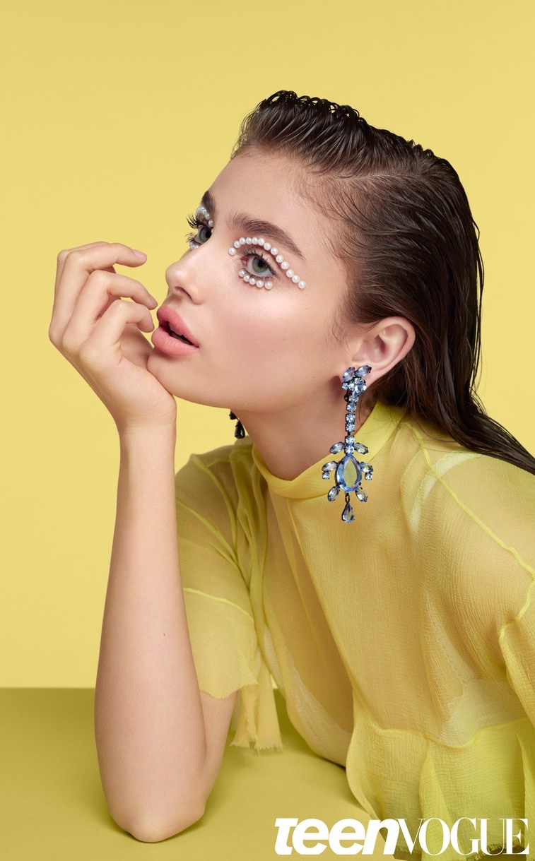 Taylor Hill models Preen by Thornton Bregazzi dress and slip with Ashley Williams earrings