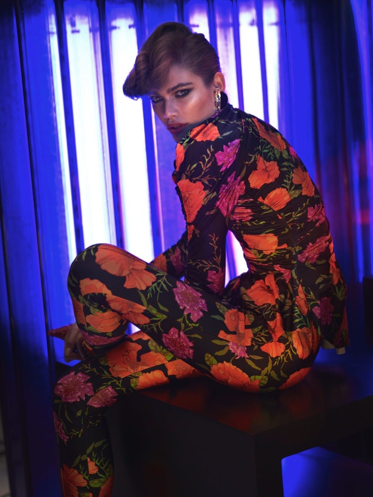 Valentina Sampaio wears Balenciaga floral print top and pants