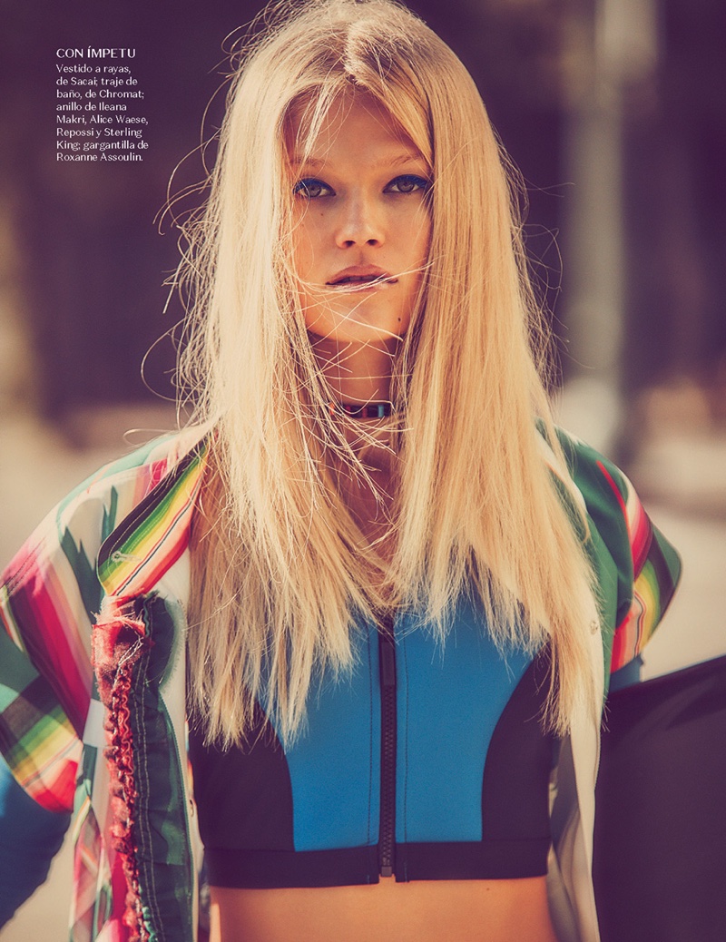 The model wears surfer inspired looks in the fashion editorial