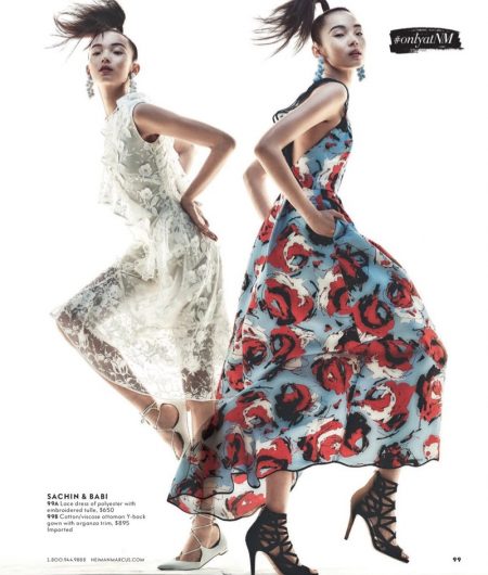 Xiao Wen Ju Poses in Glamorous Spring Dresses for Neiman Marcus (Left) Sachin & Babi Pointe Asymmetric Lace Cocktail Dress (Right) Sachin & Babi Academy Sleeveless Floral Ottoman Gown