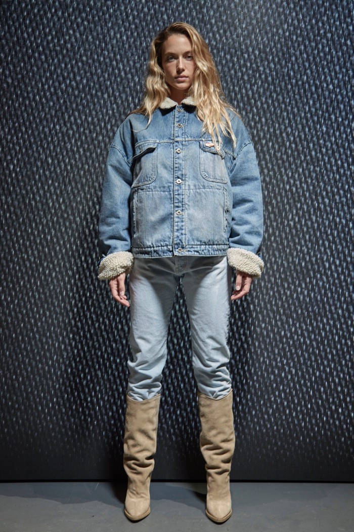 Shearling lined denim jacket, light wash jeans and tan boots from Yeezy Season 5