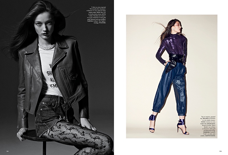 The model poses in 1980's inspired looks for the editorial
